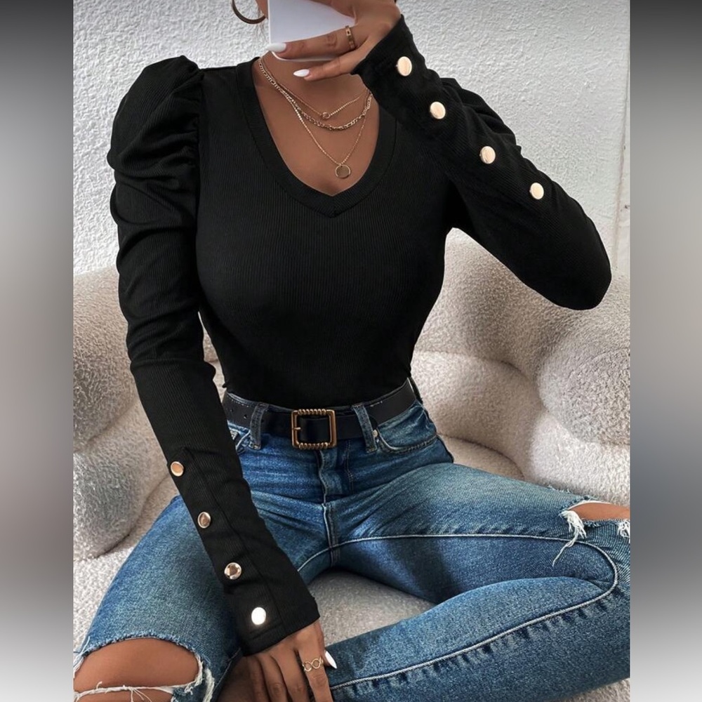Black Long Sleeve Top with Button Details